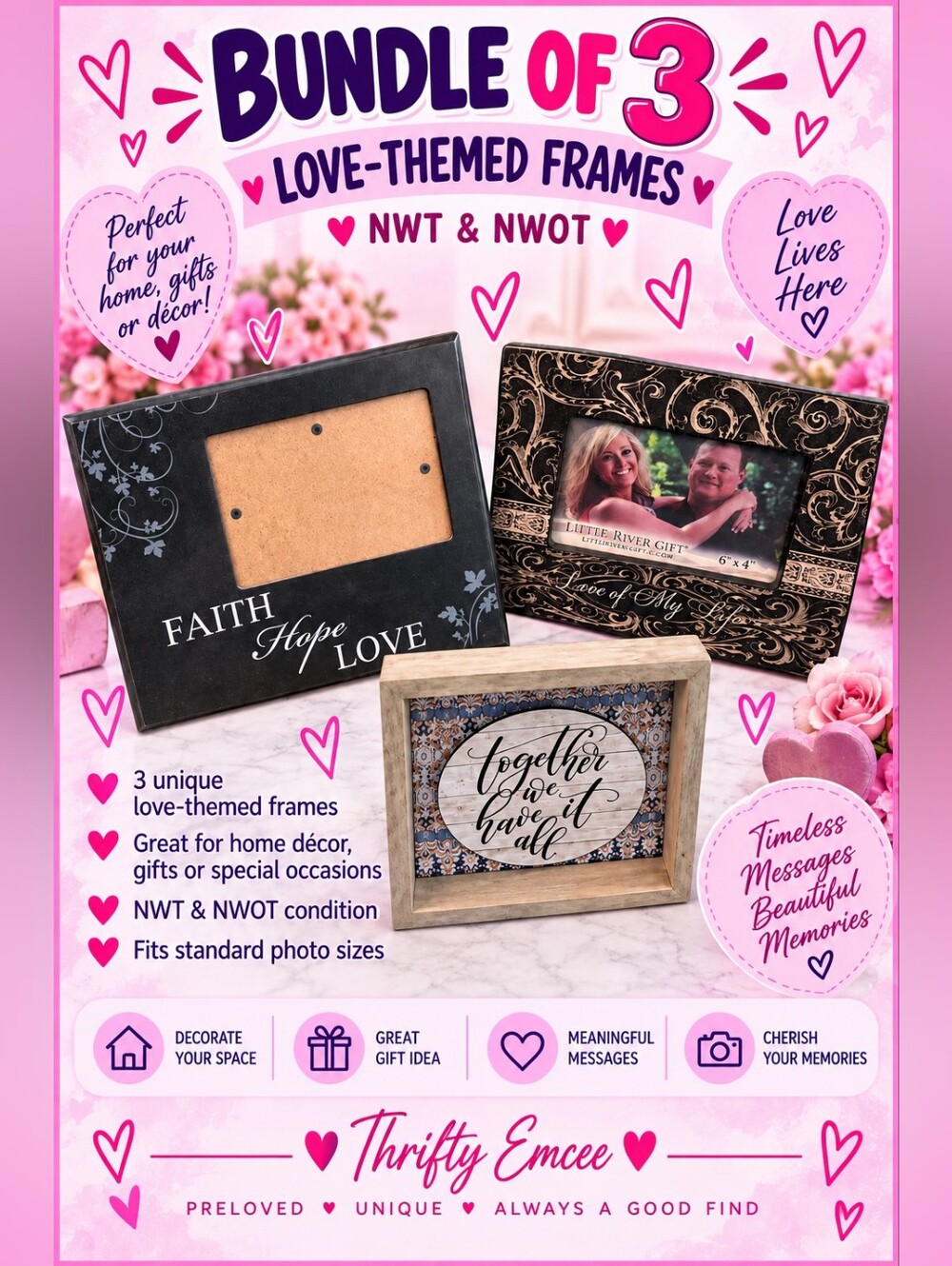 Bundle of 3 Love-Themed Picture Frames - Black, Brown, Beige